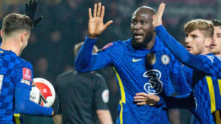 Romelu Lukaku and Timo Werner celebrating a rare goal for Chelsea.