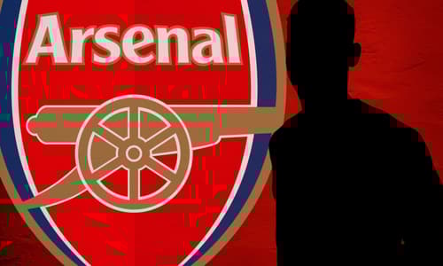 A silhouette of Folarin Balogun next to the Arsenal badge, set against an abstract red background