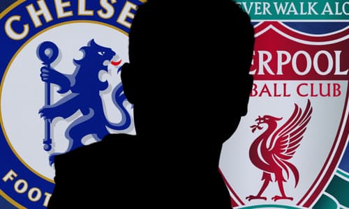 A silhouette of Levi Colwill with the Chelsea and Liverpool badges, on a blue abstract background