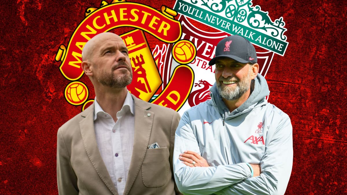 Erik ten Hag and Jurgen Klopp with the Manchester United and Liverpool badges on a red abstract background