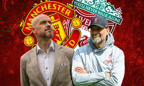 Erik ten Hag and Jurgen Klopp with the Manchester United and Liverpool badges on a red abstract background