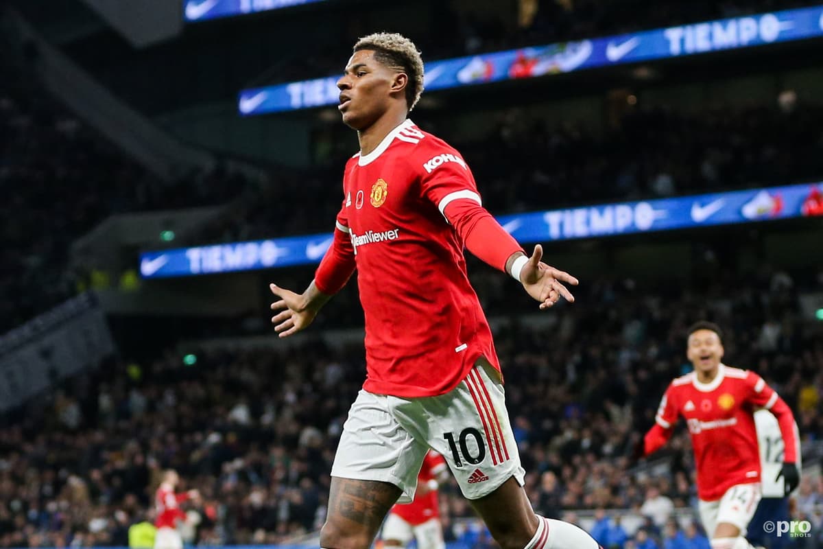 Marcus Rashford celebrates scoring for Man Utd against Tottenham in the Premier League