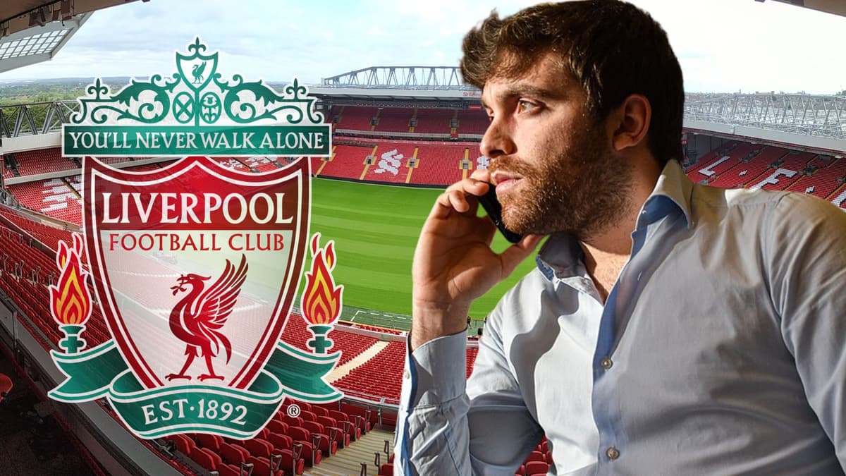 The Liverpool badge and Fabrizio Romano in front of a panorama of Anfield