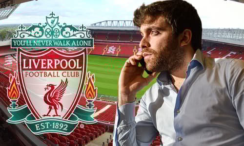 The Liverpool badge and Fabrizio Romano in front of a panorama of Anfield