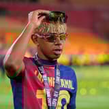 Lamine Yamal celebrates winning the Copa del Rey with Barcelona, 2024/25