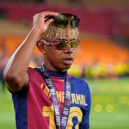 Lamine Yamal celebrates winning the Copa del Rey with Barcelona, 2024/25