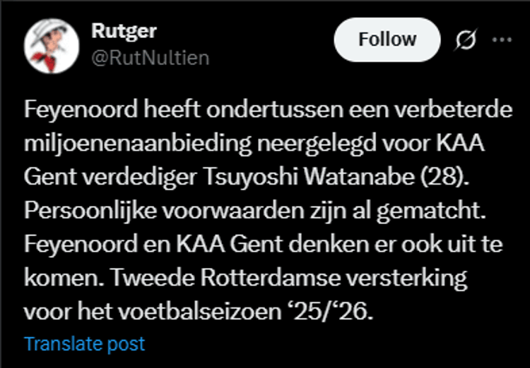 Rutger Vinke meldt op X de komst van de tweede Rotterdamse versterking.