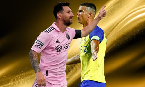 Lionel Messi and Cristiano Ronaldo on a gold abstract background