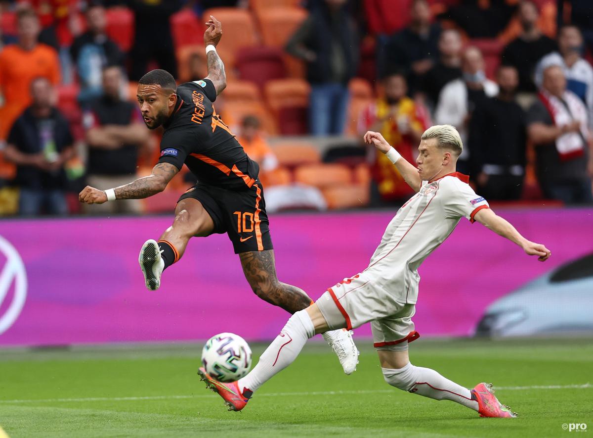 New Barcelona signing Memphis Depay shoots of the Netherlands against North Macedonia at Euro 2020