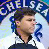 Mauricio Pochettino and the Chelsea badge on a blue abstract background