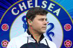 Mauricio Pochettino and the Chelsea badge on a blue abstract background