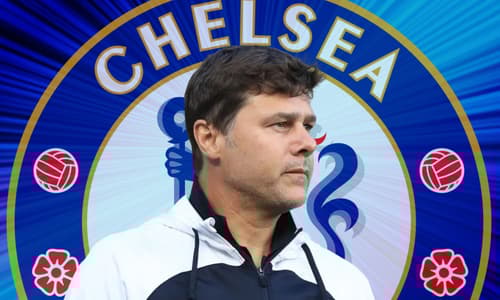 Mauricio Pochettino and the Chelsea badge on a blue abstract background