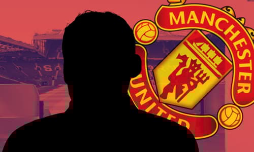 A black silhouette of Daley Blind in front of a tilted Manchester United badge, set against a backdrop of a panorama of Old Trafford in red