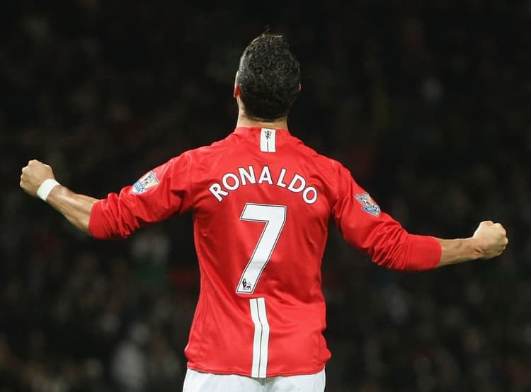 Cristiano Ronaldo in his iconic No.7 shirt for Man Utd