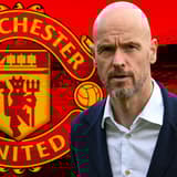 Erik ten Hag and the Manchester United badge, on a background of a panorama of Old Trafford in red