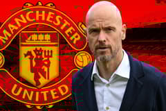 Erik ten Hag and the Manchester United badge, on a background of a panorama of Old Trafford in red