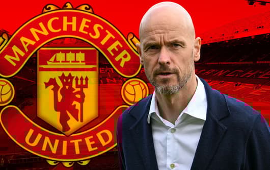 Erik ten Hag and the Manchester United badge, on a background of a panorama of Old Trafford in red