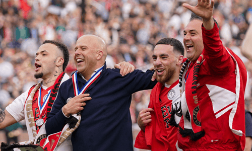 Quilindschy Hartman, Arne Slot, Orkun Kökcü, Marino Pusic, Feyenoord