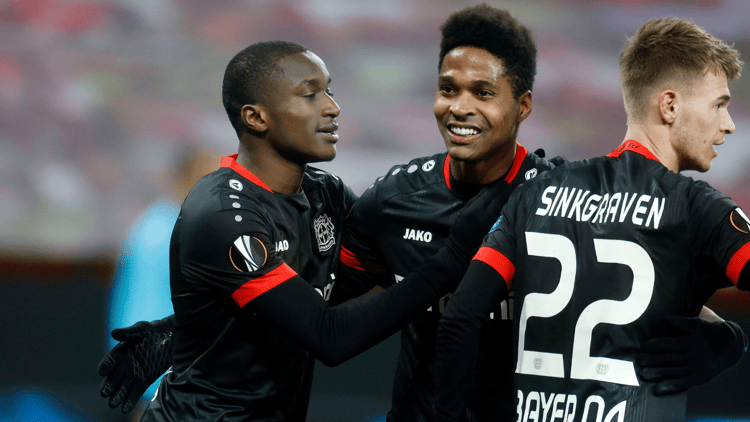 Moussa Diaby (left) during his time at Bayer Leverkusen