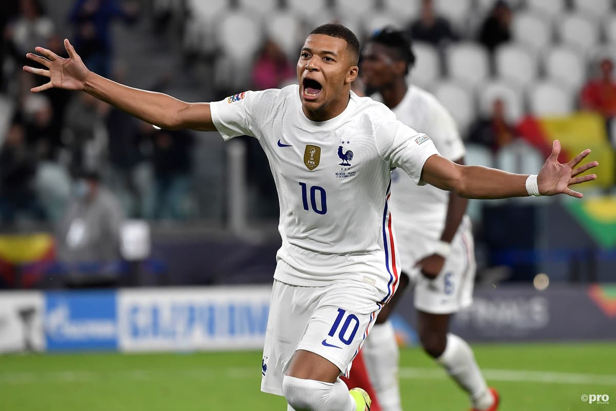 PSG's Kylian Mbappe celebrates scoring for France in the 2021 Nations League semi-final v Belgium
