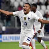 PSG's Kylian Mbappe celebrates scoring for France in the 2021 Nations League semi-final v Belgium