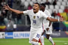 PSG's Kylian Mbappe celebrates scoring for France in the 2021 Nations League semi-final v Belgium