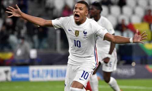 PSG's Kylian Mbappe celebrates scoring for France in the 2021 Nations League semi-final v Belgium