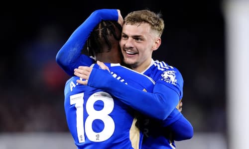 Kiernan Dewsbury-Hall celebrates with Leicester teammate Abdul Fatawu, 2023/24