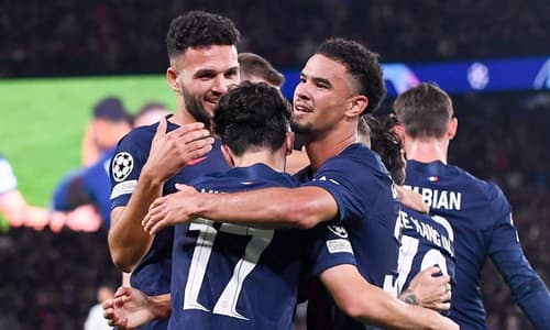 Warren Zaire-Emery celebrates PSG scoring against Milan in the Champions League