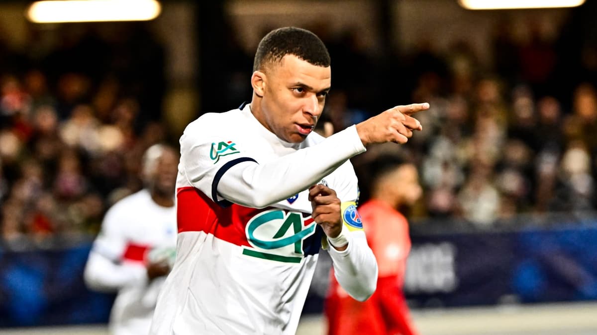 Kylian Mbappe celebrates scoring for PSG against Revel in the Coupe de France