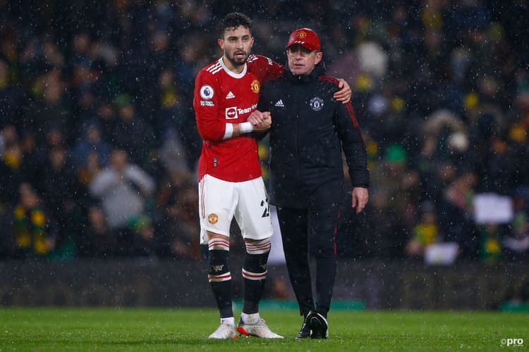 Alex Telles and Ralf Rangnick embrace after Man Utd beat Norwich in Premier League