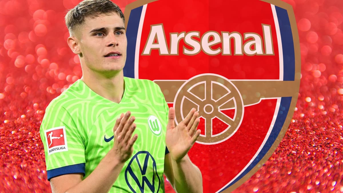 Micky van de Ven and the Arsenal badge, set against a red abstract background