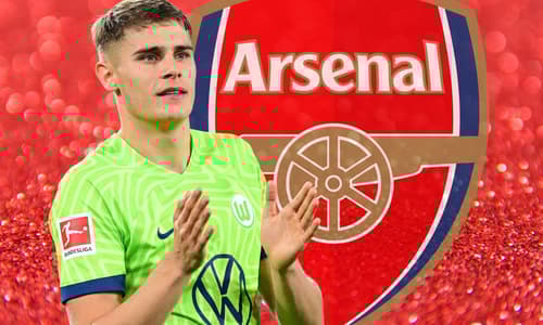 Micky van de Ven and the Arsenal badge, set against a red abstract background