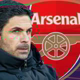 Headshot of Mikel Arteta with the Arsenal badge, against a backdrop of a panorama of the Emirates Stadium in red
