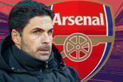 Headshot of Mikel Arteta with the Arsenal badge, against a backdrop of a panorama of the Emirates Stadium in red