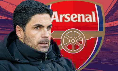 Headshot of Mikel Arteta with the Arsenal badge, against a backdrop of a panorama of the Emirates Stadium in red