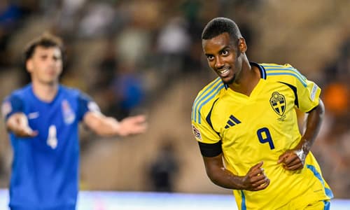 Newcastle striker Alexander Isak celebrates scoring a Nations League goal for Sweden against Azerbaijan