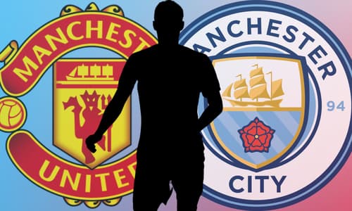 A black silhouette of Benjamin Pavard in front of the Manchester United and Manchester City badges, on a light blue and red abstract background