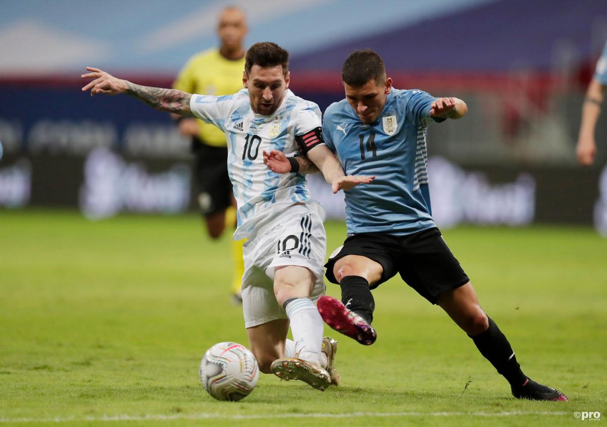Barcelona's Lionel Messi challenges for possession playing for Argentina, Copa America 2021
