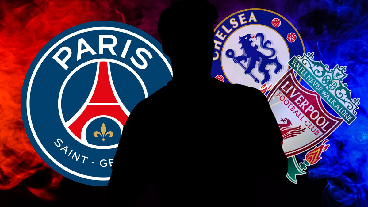 A silhouette of Gabri Veiga with the PSG, Chelsea and Liverpool badges on a red and blue abstract background