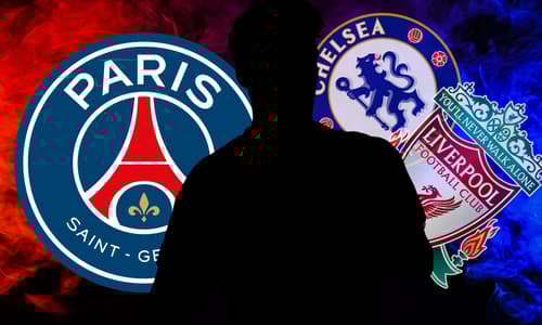 A silhouette of Gabri Veiga with the PSG, Chelsea and Liverpool badges on a red and blue abstract background