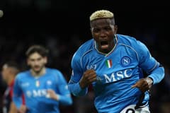 Victor Osimhen celebrates scoring for Napoli against Cagliari in Serie A