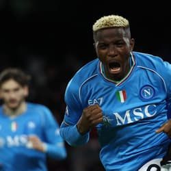 Victor Osimhen celebrates scoring for Napoli against Cagliari in Serie A