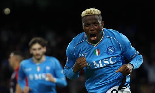 Victor Osimhen celebrates scoring for Napoli against Cagliari in Serie A