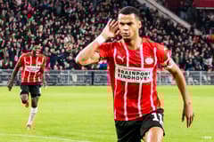 Cody Gakpo celebrates scoring against PEC for PSV in the Eredivisie