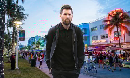 Lionel Messi in front of a backdrop of Miami