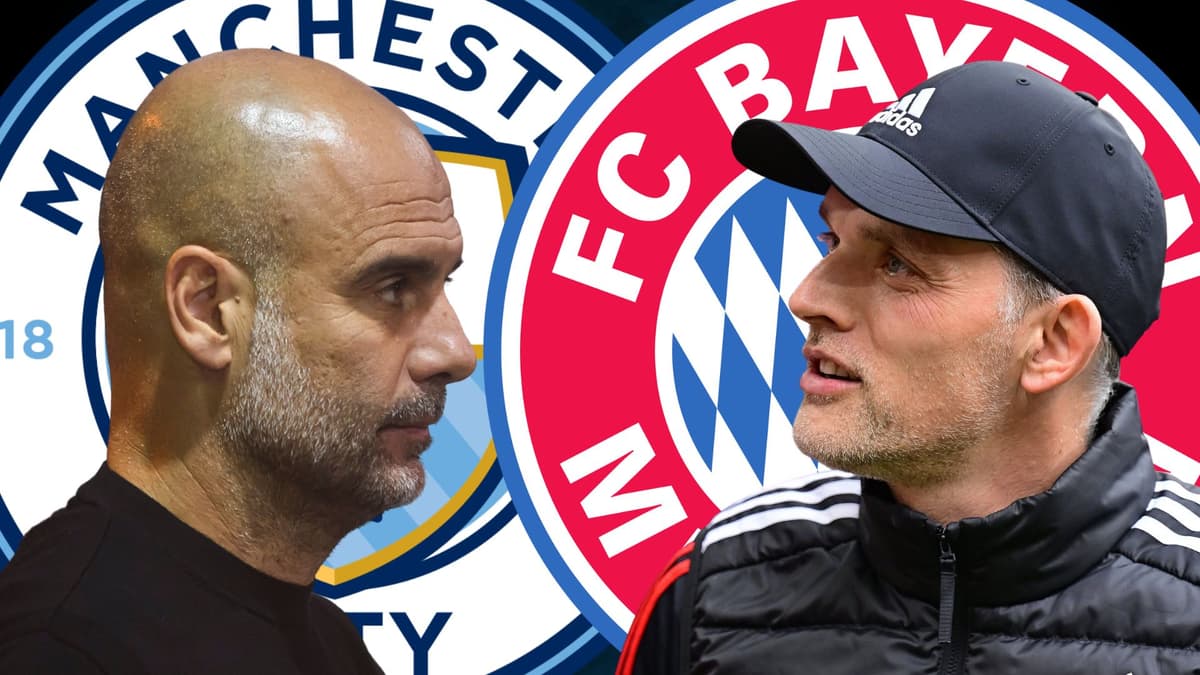 Pep Guardiola and Thomas Tuchel in front of the Manchester City and Bayern Munich badges