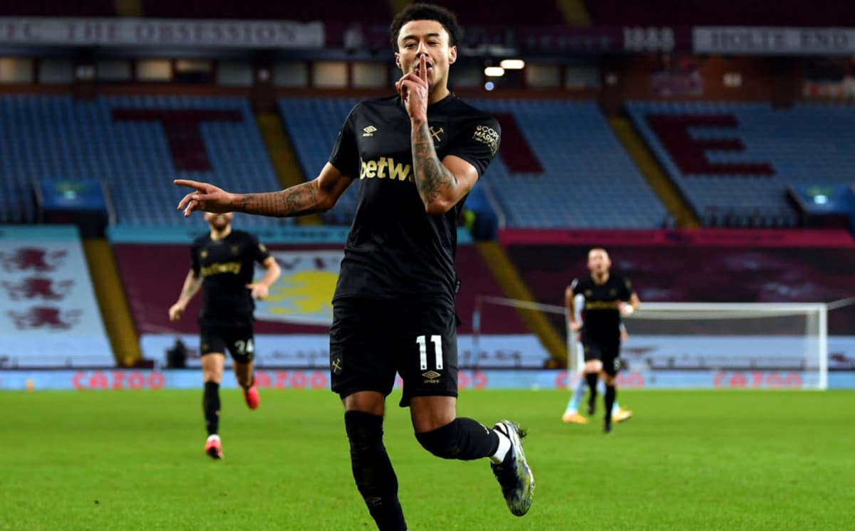 Jesse Lingard celebrates scoring on his West Ham debut against Aston Villa