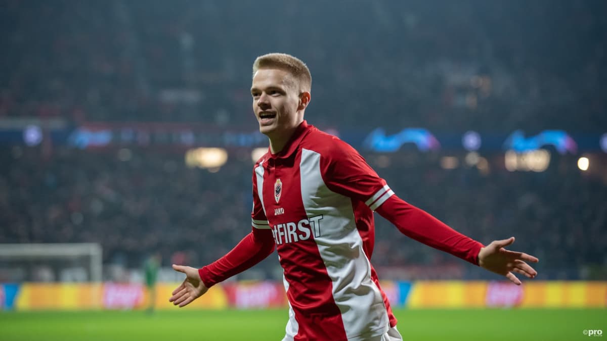 Arthur Vermeeren celebrates scoring for Antwerp against Barcelona in the Champions League