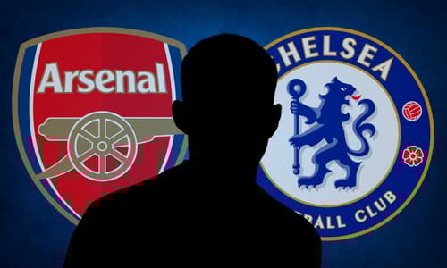 A black silhouette of Kai Havertz in front of the Arsenal and Chelsea badges, set against a blue abstract background